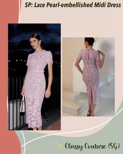 SP Pink Fine Lace Pearl Embellished Midi Dress