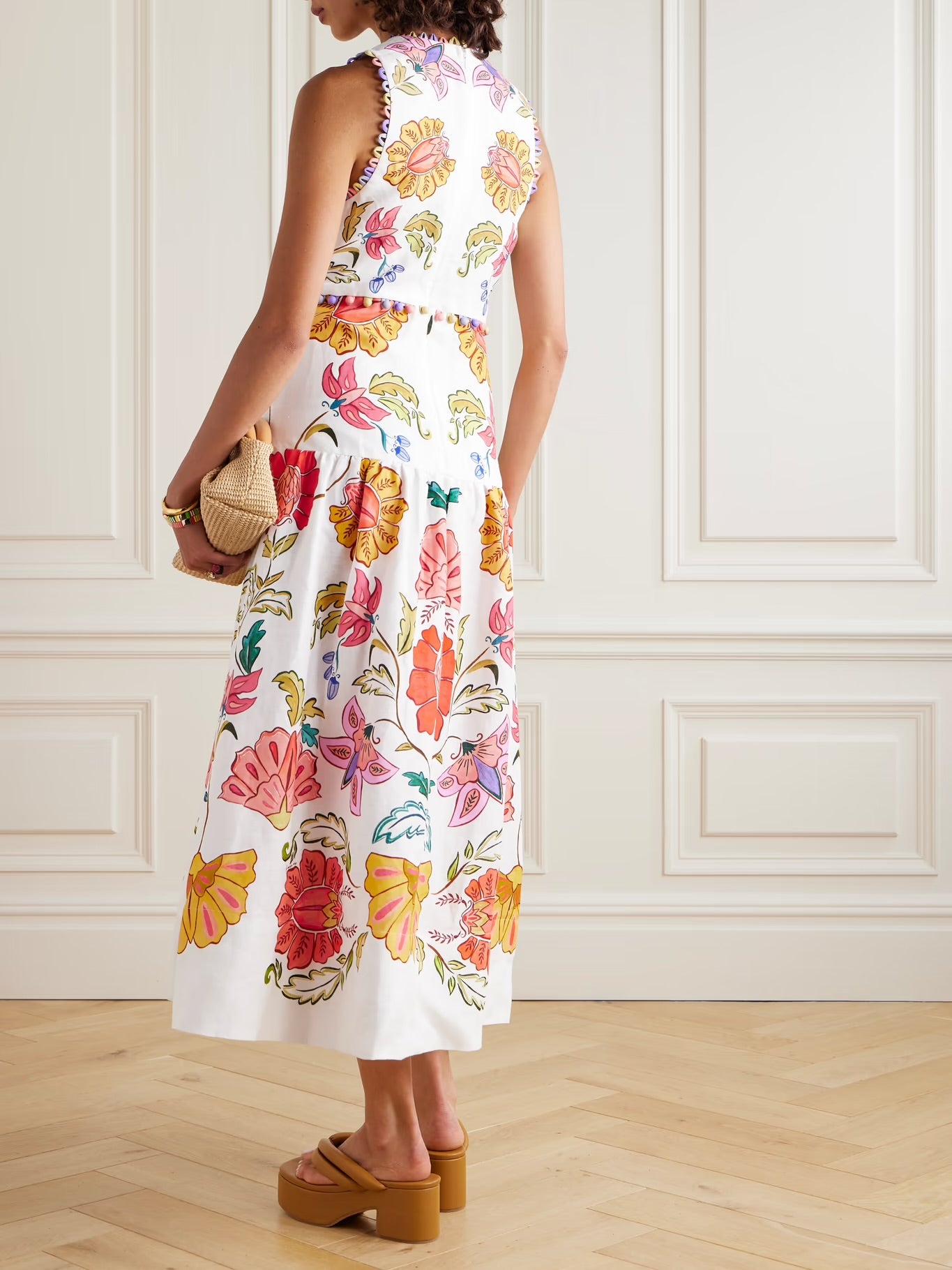 FR Floral Insects Plunge Neck Embellished Printed Linen Midi Dress