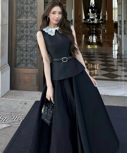 SP Black Belted Peplum Midi Dress in Taffeta