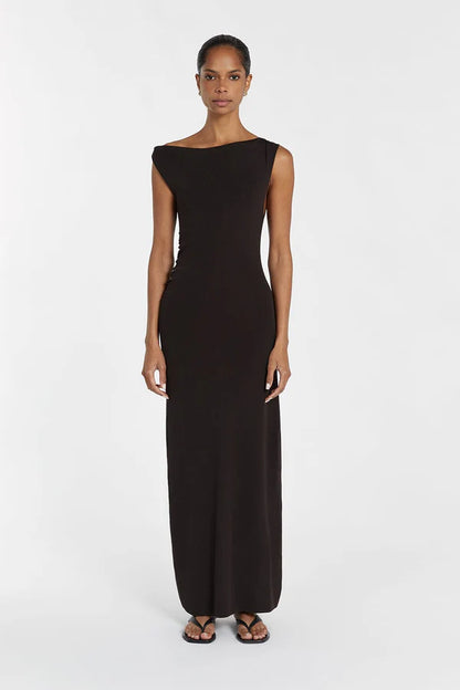 DSH Poppy Asym Midi Maxi Dress Viscose-Nylon Knit in Bitter Choc & Marle Grey