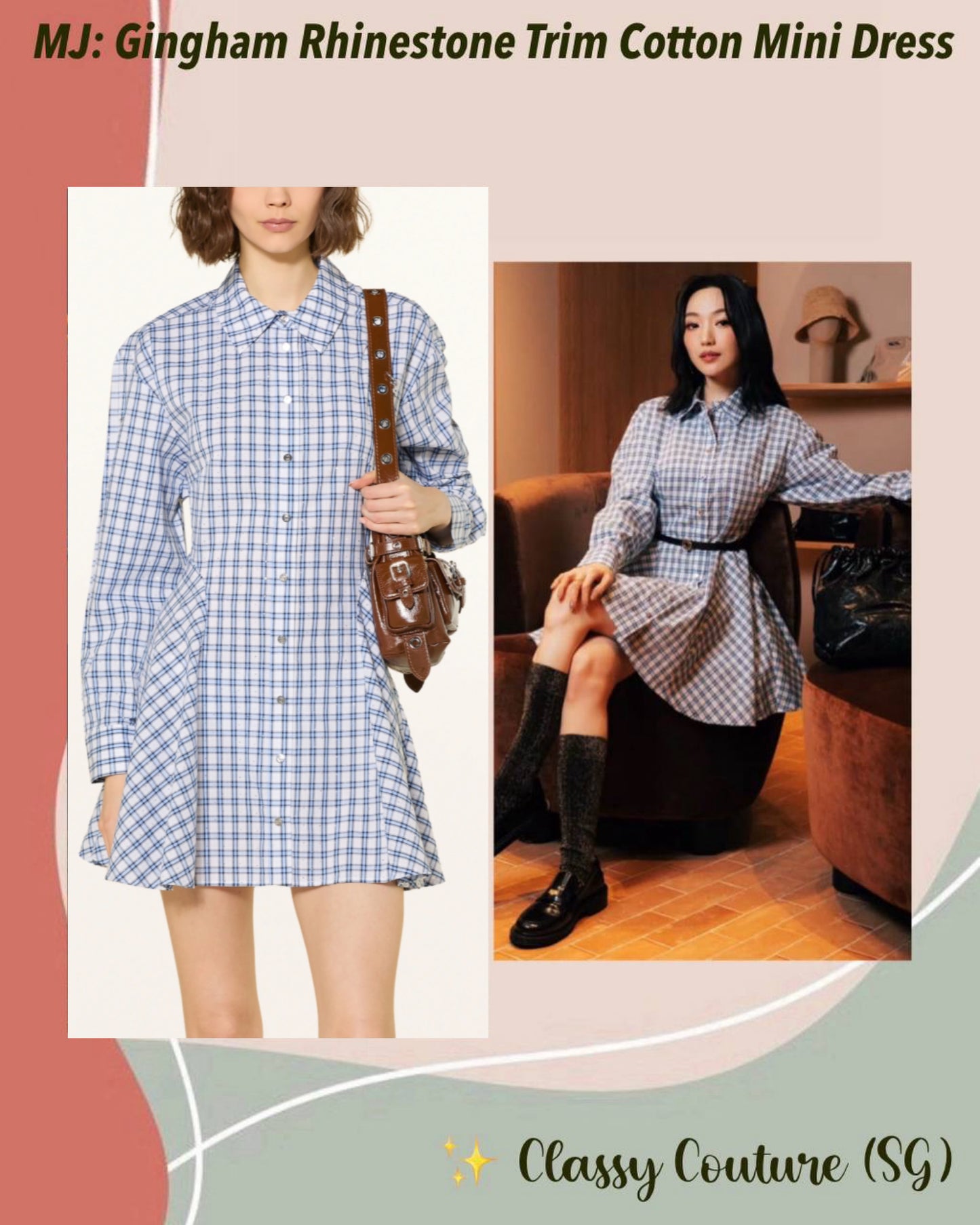MJ Romimi Gingham Rhinestone Cotton Shirtdress Mini Dress