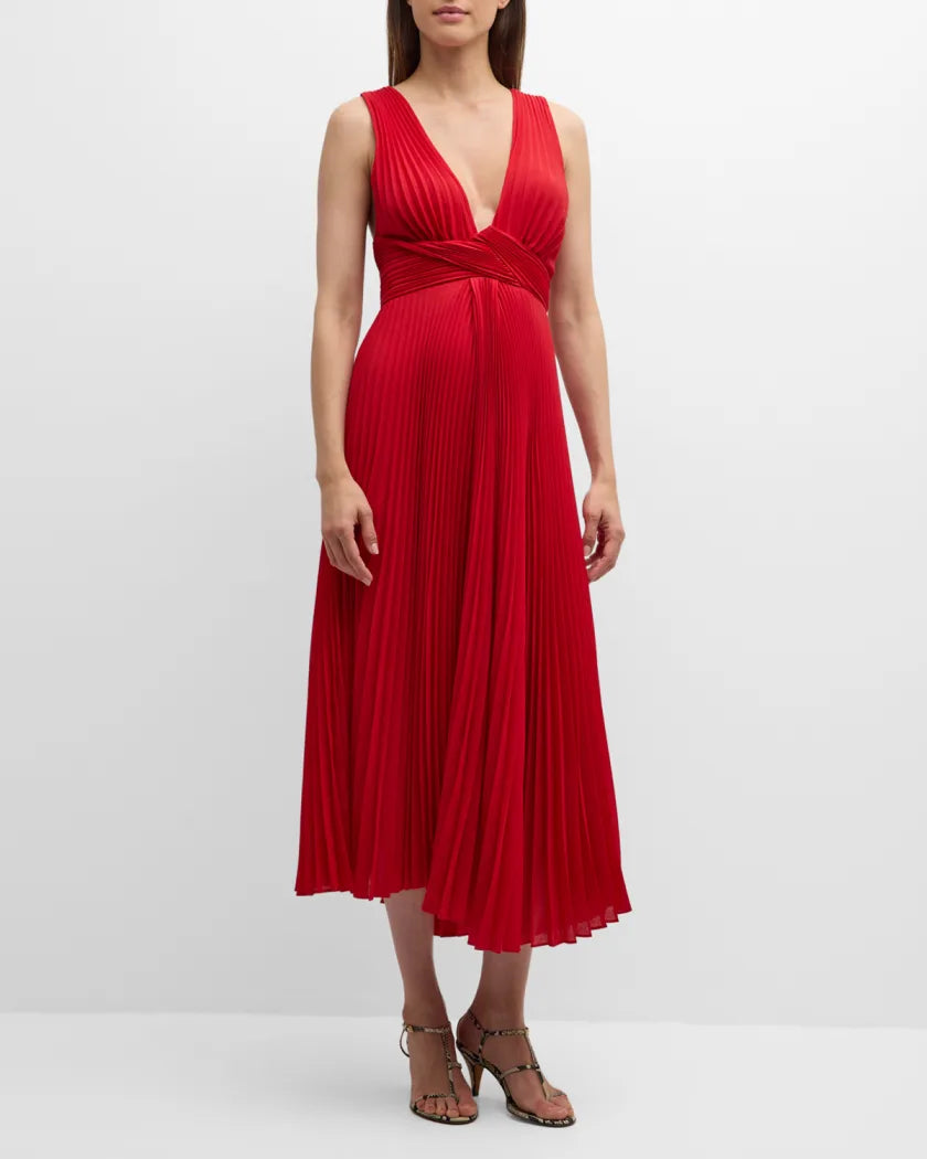 ALC Everly Pleated V Neck Midi Dress