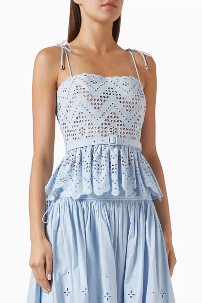 SP Blue Broderie Anglaise Top | Midi Skirt | Set