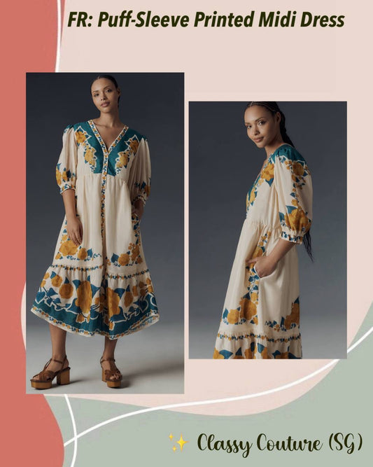 FR Anthro Viscose Puff-Sleeve Printed Midi Dress