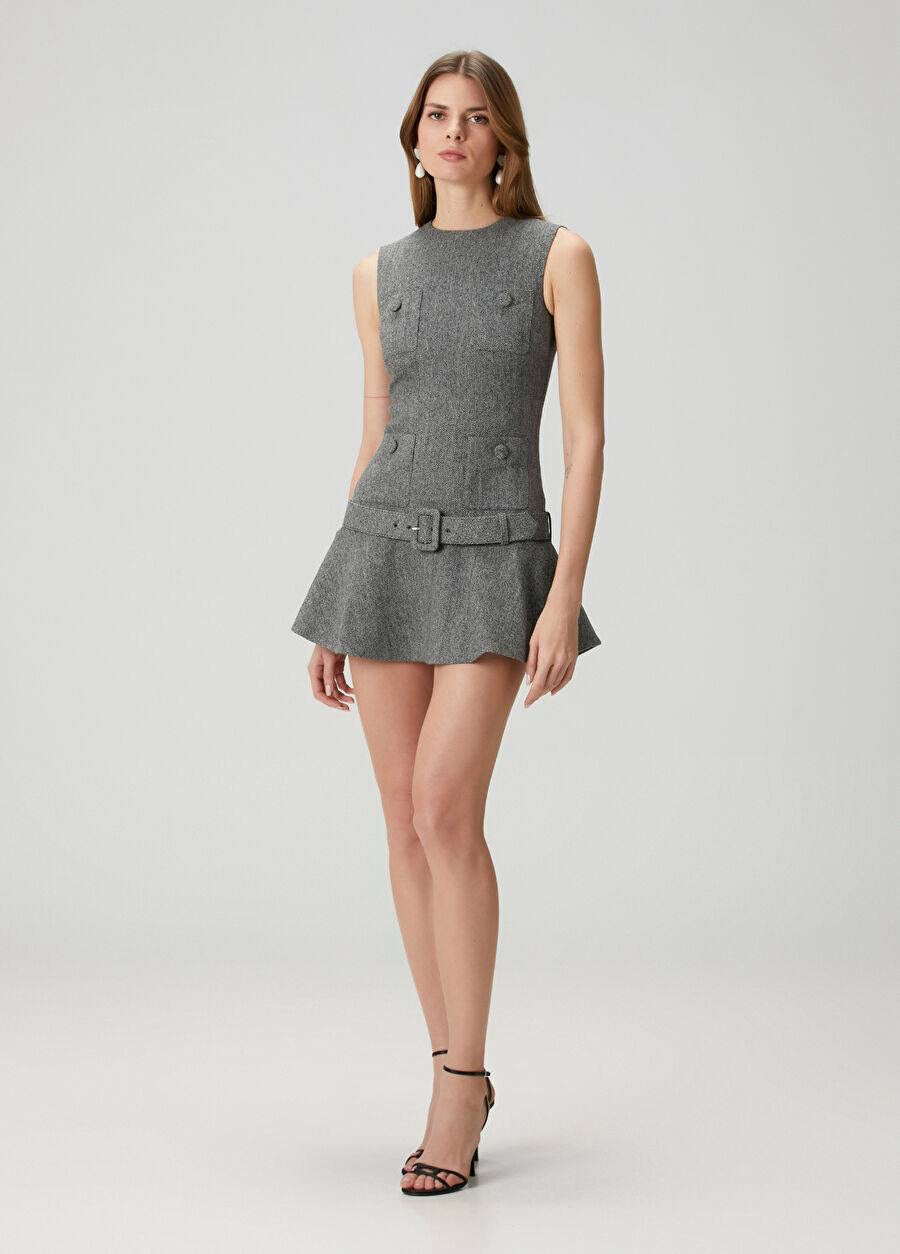 SP Grey Herringbone Belted Drop Waist Flared Mini Dress