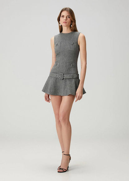 SP Grey Herringbone Belted Drop Waist Flared Mini Dress