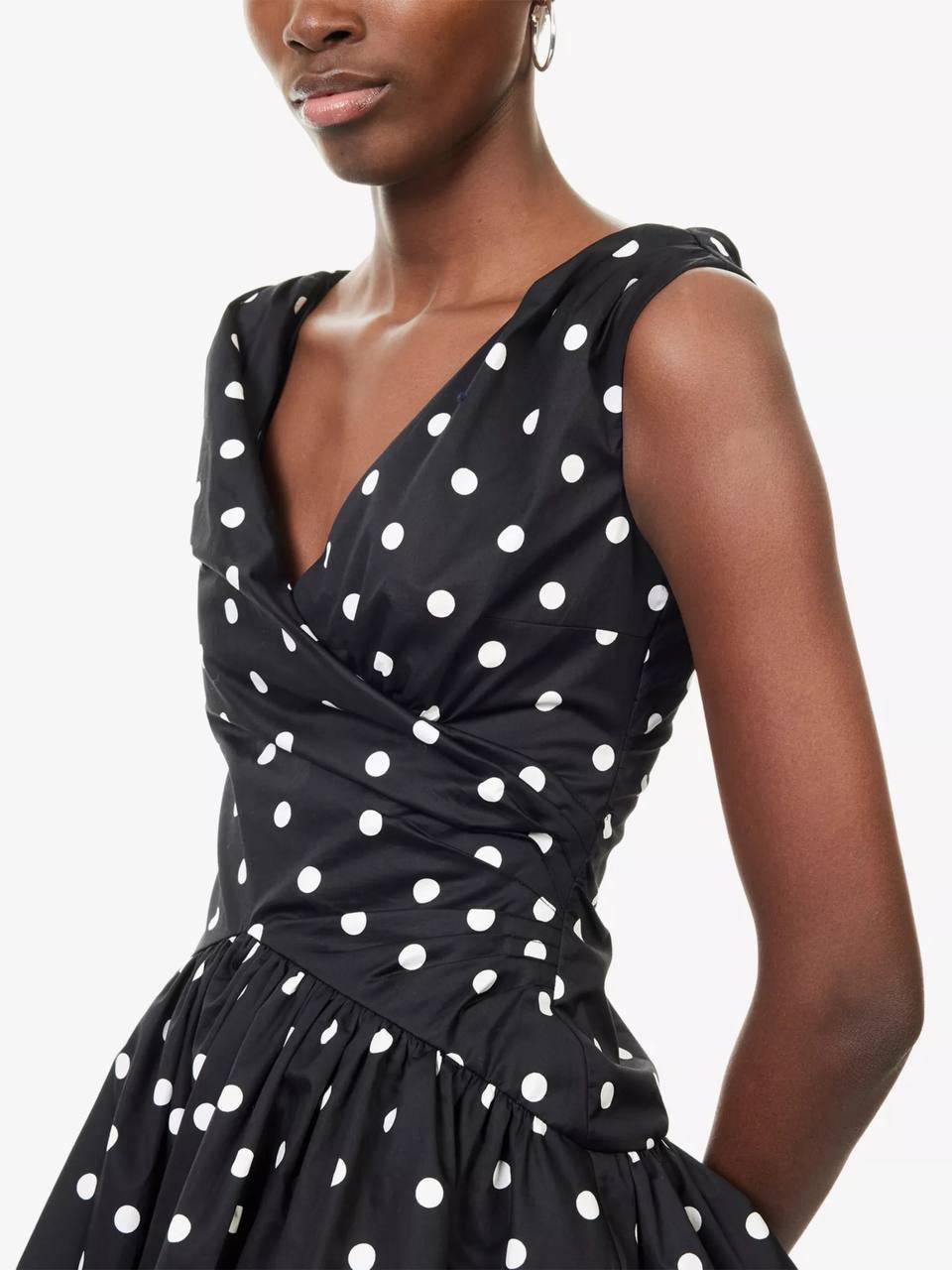 SP Black Polka Dot V-Neck Off Shoulder Cotton-Blend Mini Dress