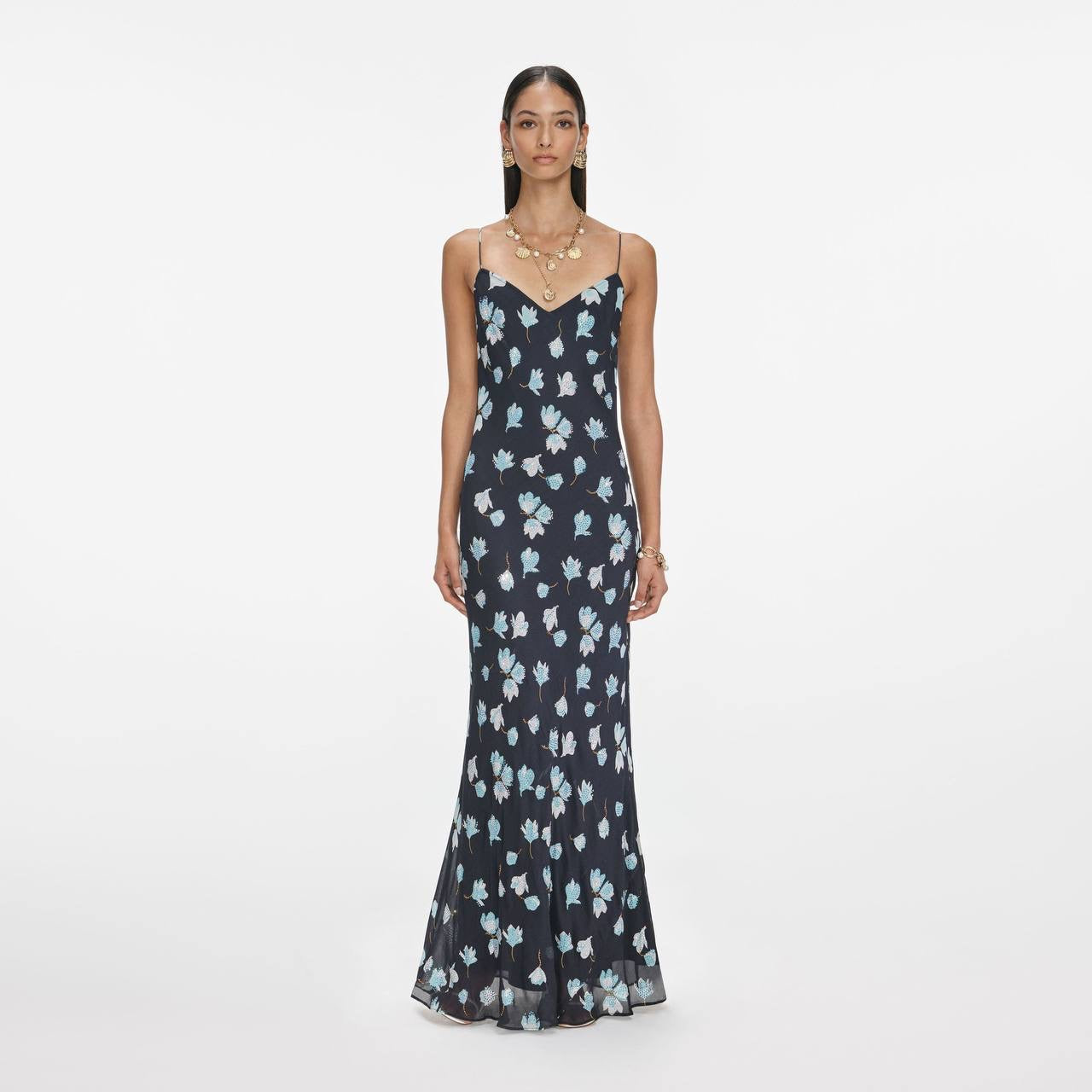SP Navy Floral Rhinestone Strappy Midi & Maxi Dress