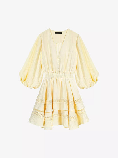 MJ Rapapamy Yellow Short V-Neck Ruffled Mini Dress