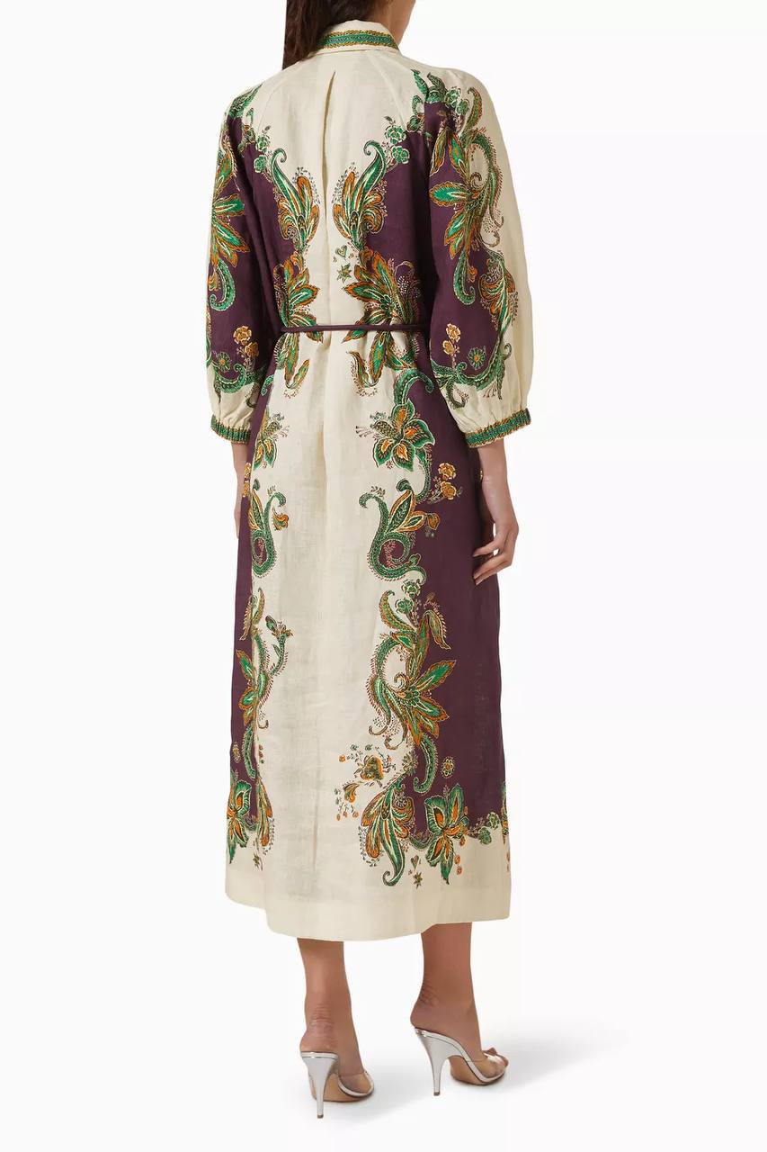 ALM002 Plum/Green Paisley Linen Shirtdress Mini Dress | Midi Dress