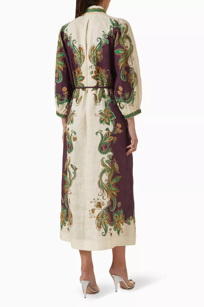 ALM002 Plum/Green Paisley Linen Shirtdress Mini Dress | Midi Dress