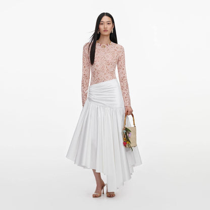 SP Beige-pink Floral Lace BodySuit One-piece | White Cotton Asymmetrical Midi Skirt | Set