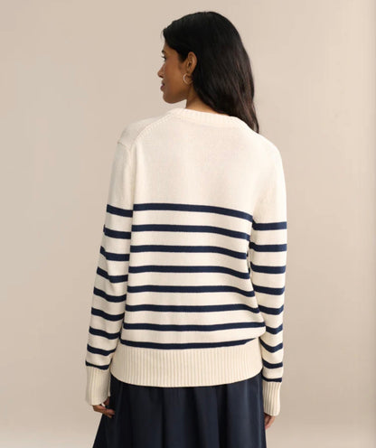 JK Cotton Kate V-Neck Pullover Sweater in Ivory/Navy Stripe