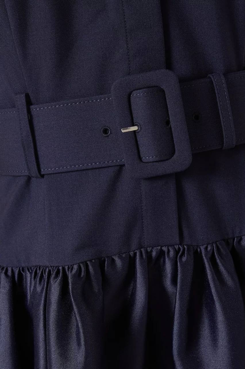 SP Navy Blue Belted Drop Waist Viscose-wool Twill Midi Dress