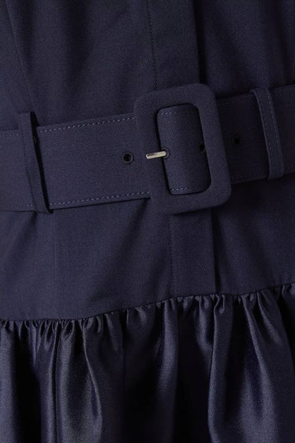 SP Navy Blue Belted Drop Waist Viscose-wool Twill Midi Dress