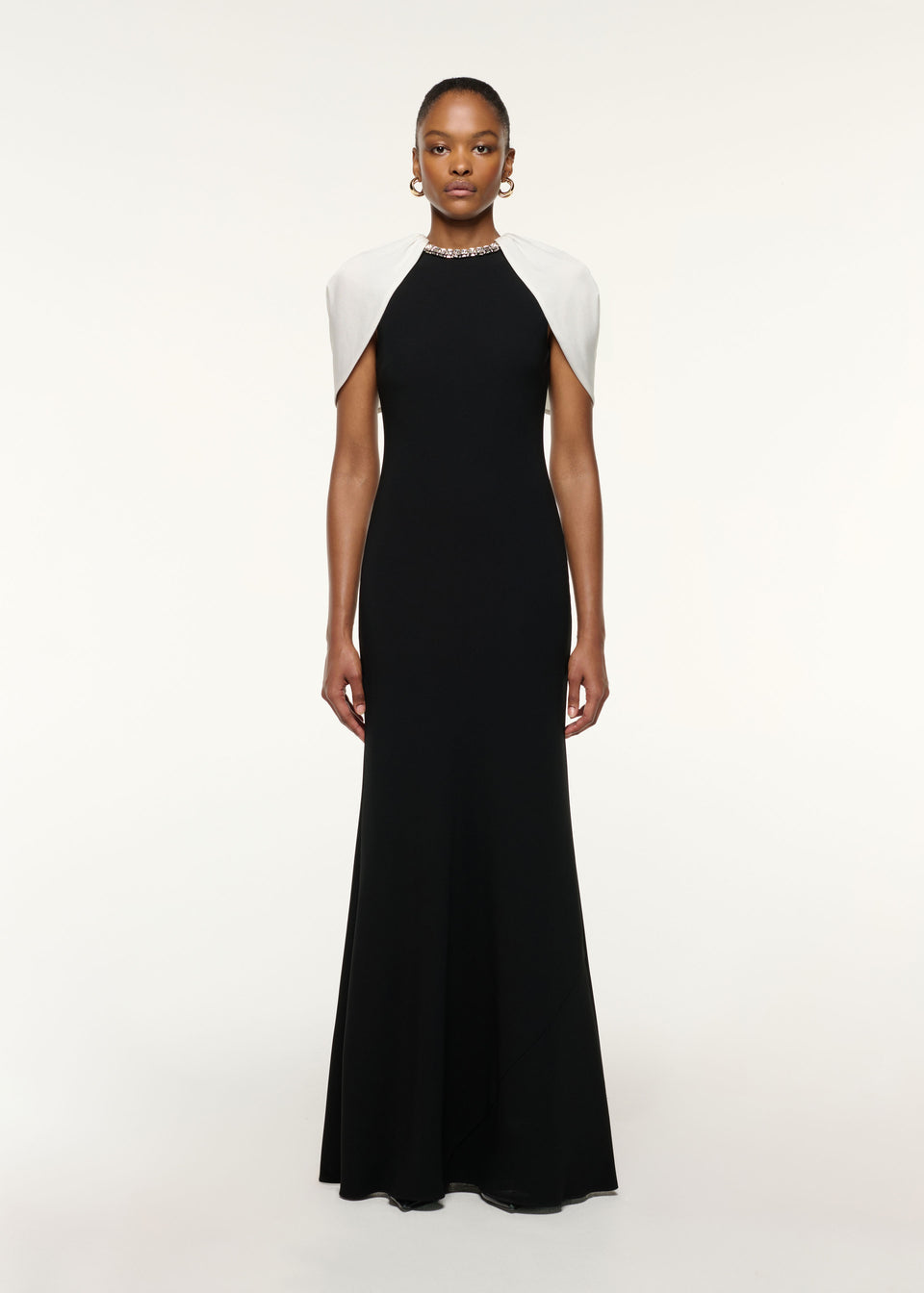 RM Gathered Contrast Shawl Crystal Trim Neckline Gown Maxi Dress in Black/white