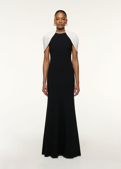 RM Gathered Contrast Shawl Crystal Trim Neckline Gown Maxi Dress in Black/white