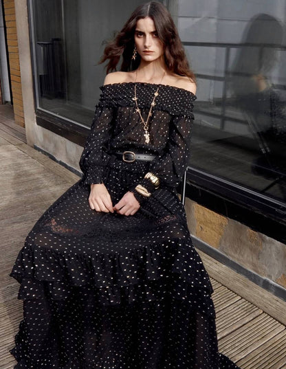 SP Black And Gold Chiffon Off Shoulder Top | Tiered Maxi Skirt | Set