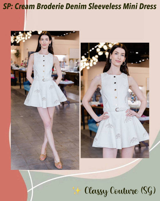 SP Cream Broderie Denim Sleeveless Mini Dress