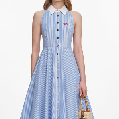SP Blue Striped Collar Sleeveless Cotton Midi Dress