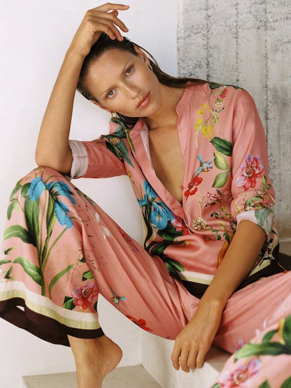 PETITE/REGULAR! RS Pink Milos Tropical Scarf-Print Half-button Shirt | Wide-leg Trousers | Drawstring Shorts | Viscose Set