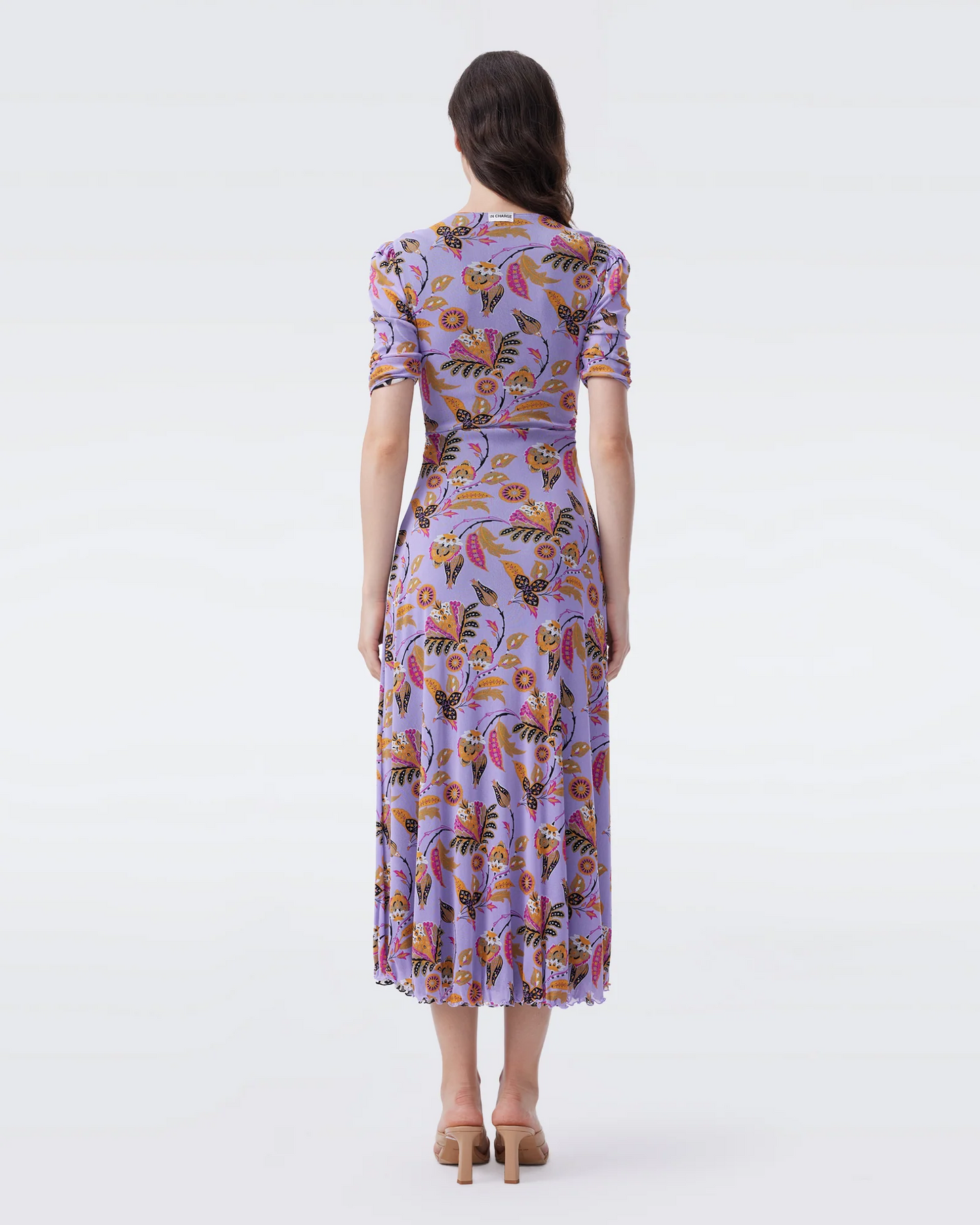 DVF Koren Reversible Mesh Midi Dress in REAL TO CHINTZ LILAC/INLAY FLOWER BLACK