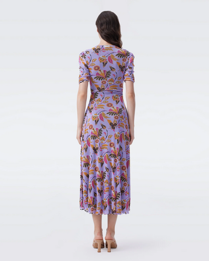 DVF Koren Reversible Mesh Midi Dress in REAL TO CHINTZ LILAC/INLAY FLOWER BLACK