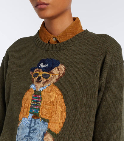 RL Sunglasses Bear Cotton Crew Neck Jumper in Olive Green