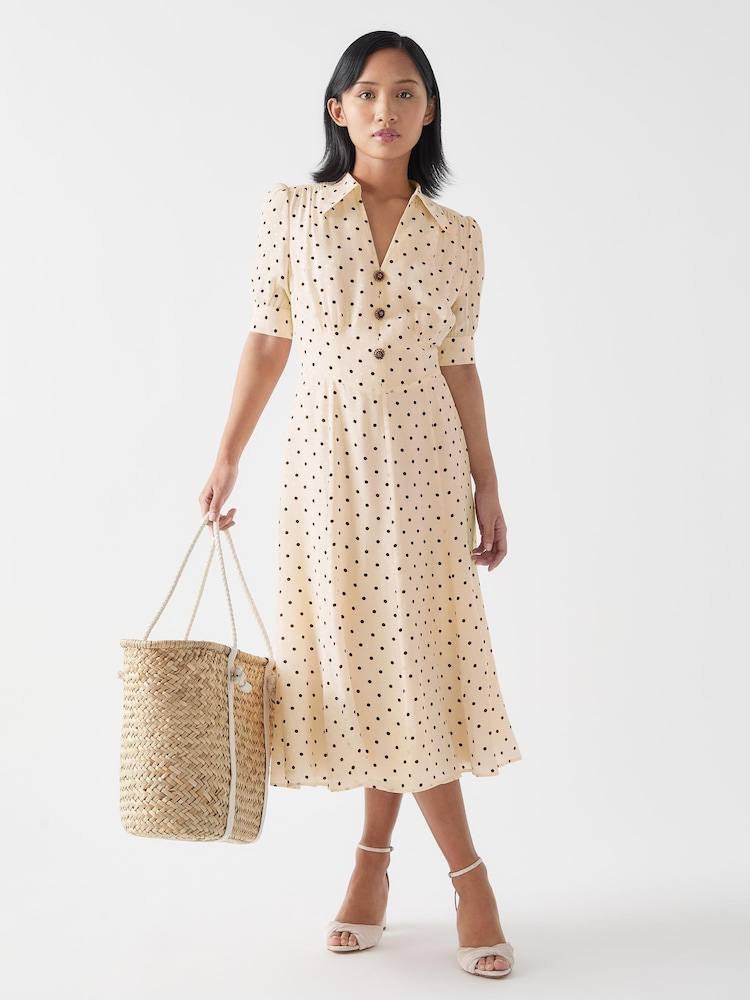 LKB Sophie Cream Viscose-Blend 30'S Polka Dot Midi Dress