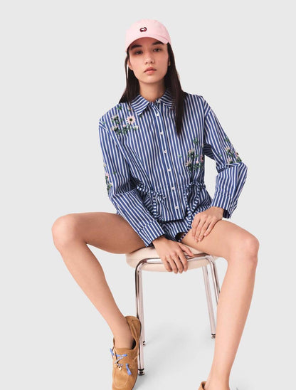 MJ Embroidered Bead Sequin Stripe Shirt | Shorts | Cotton-blend Set