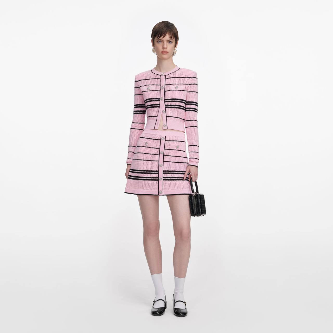 SP Pink Stripe Knit Cardigan | Mini Skirt| Jisoo Set