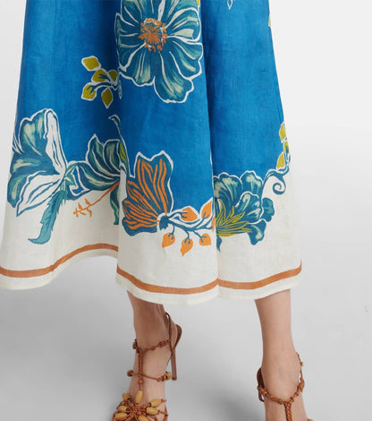 ALM Luda Floral Puff Sleeve Linen Midi Dress