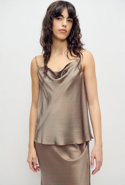 SL Drape Silk Satin Reversible Cami Top in Hammered Black & Micro Plaid