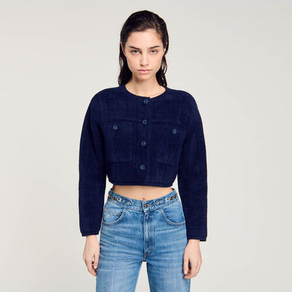 SD Short Velvet-Effect Knit Jacket | Viscose-blend Quilted Cropped Cardigan