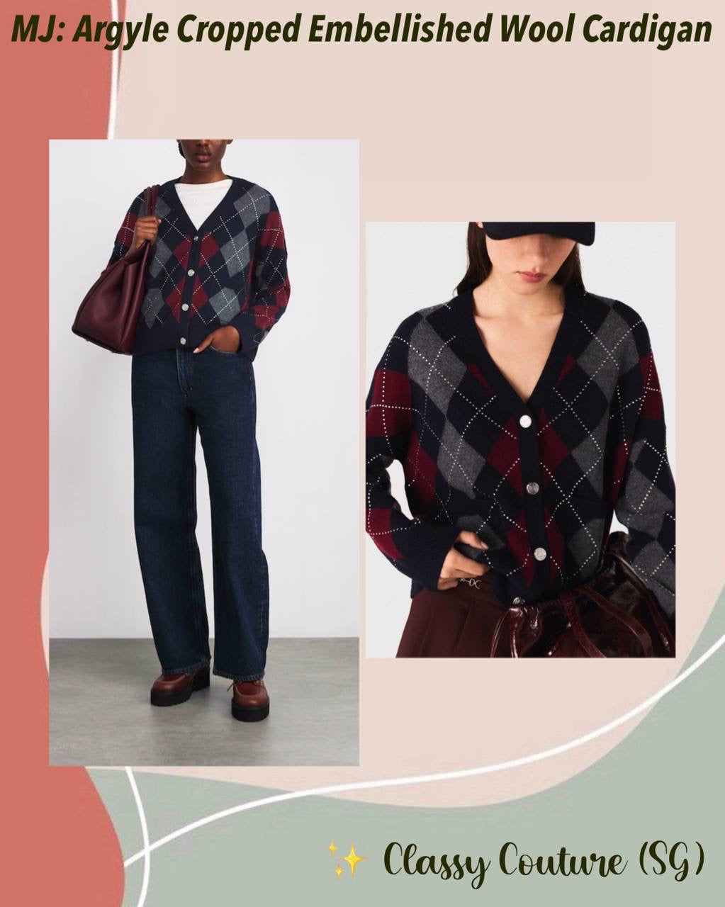 MJ Argyle Cropped Embellished Wool Cardigan