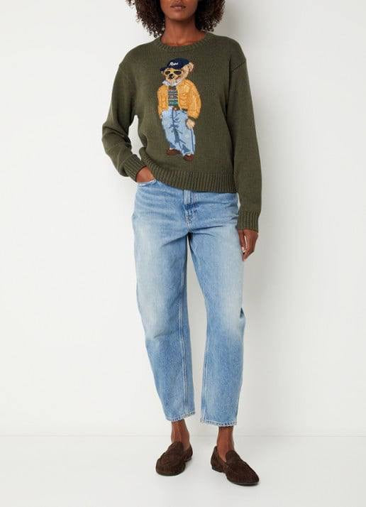 RL Sunglasses Bear Cotton Crew Neck Jumper in Olive Green