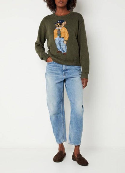 RL Sunglasses Bear Cotton Crew Neck Jumper in Olive Green