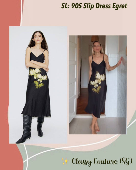 SL 90S Silk Slip Midi Dress in Egret Black Floral