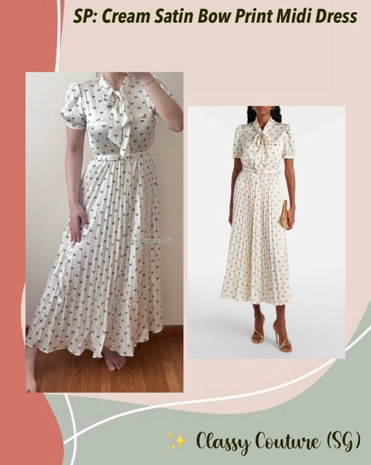 SP Cream Satin Bow Print Midi Dress