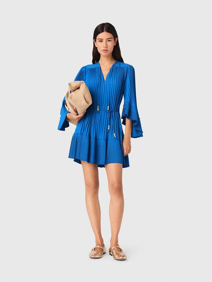MJ Pleated Braided Drawstring Bell-sleeve Mini Dress