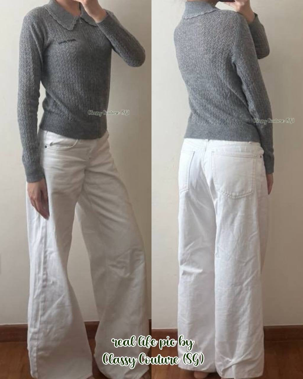 MM Grey Cashmere and Silk Peter Pan Open Knit Zipped Cardigan