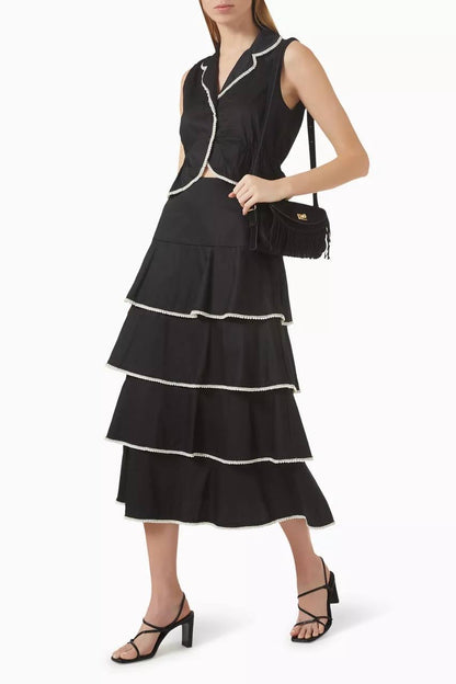 SD Cotton Pearl Embellished Shirt | Tiered Midi Maxi Skirt | Set