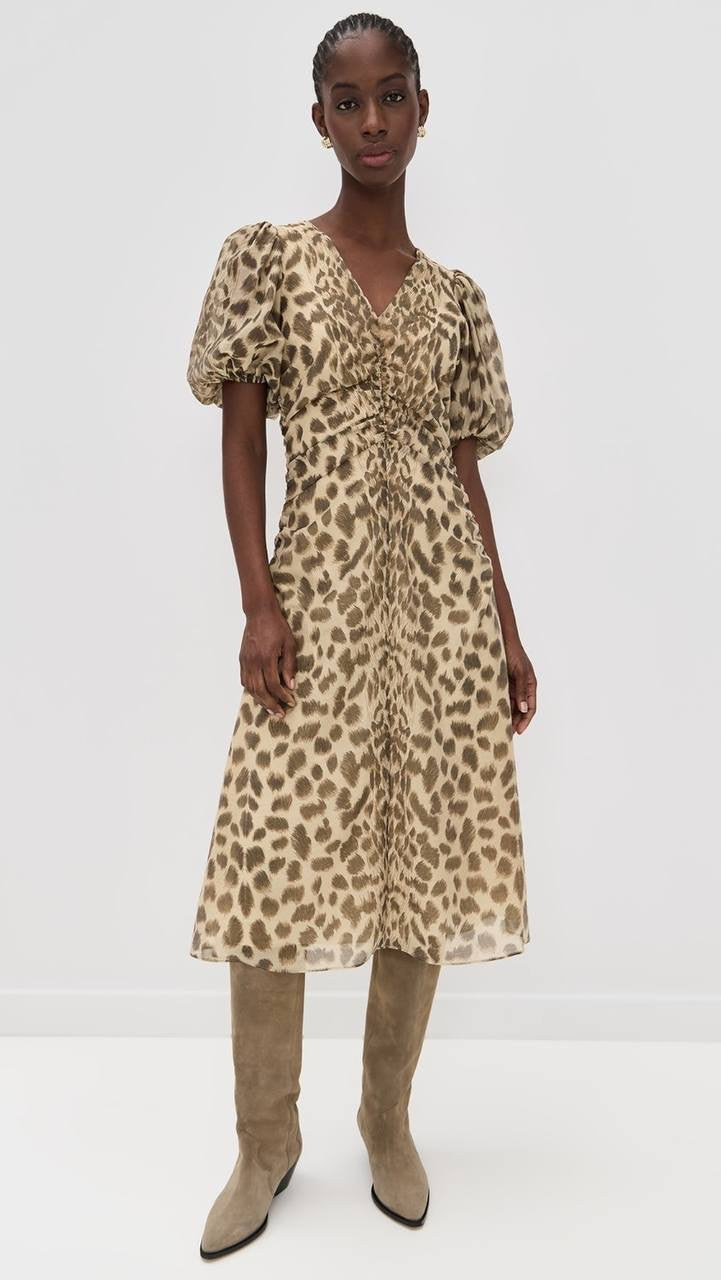 SE Claude Print Puff Sleeve Midi Dress