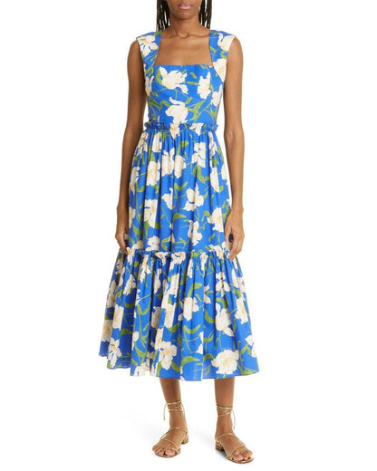 CC Claire Blue Floral Cotton Poplin Midi Dress