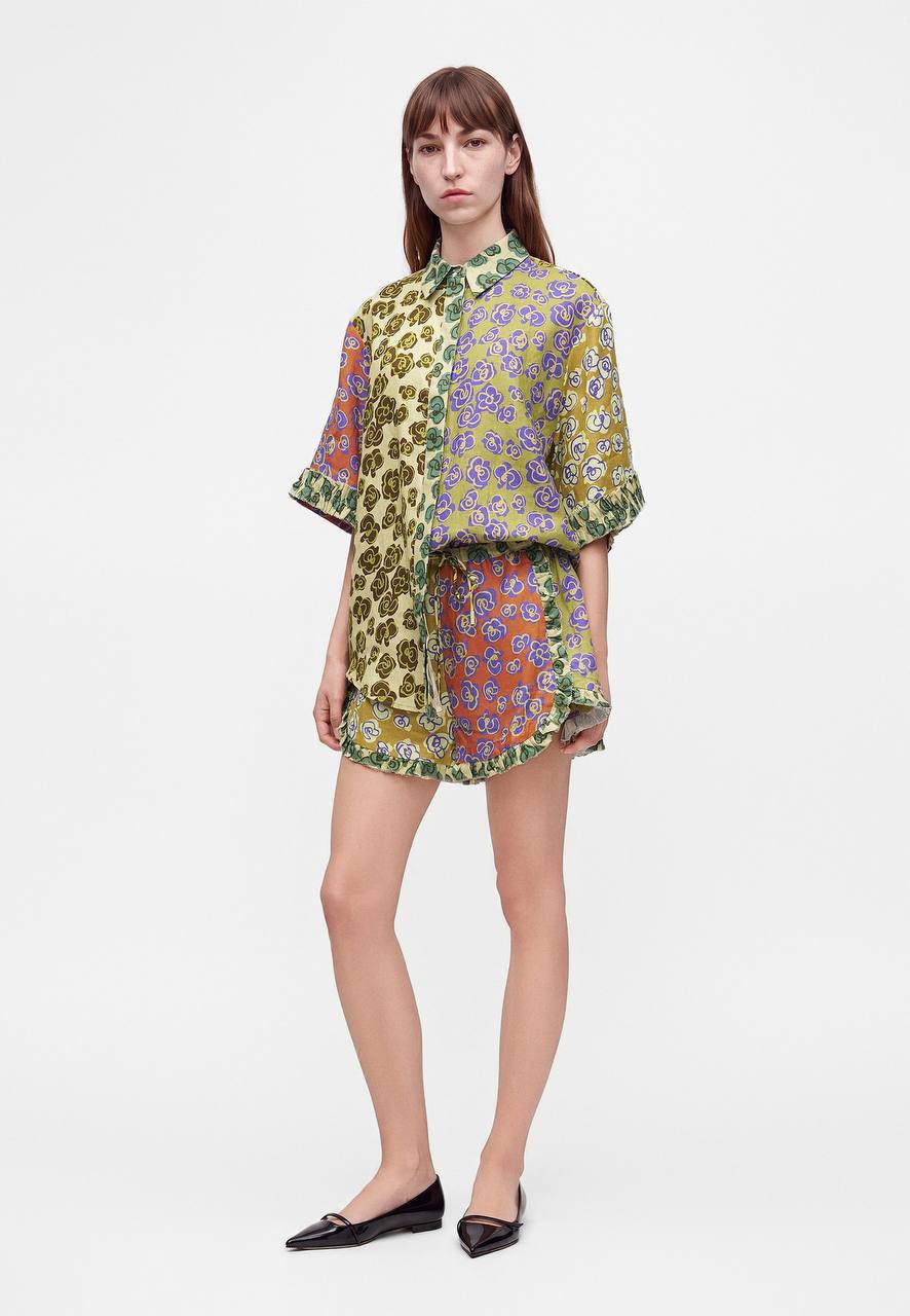ALM022 Kaleidoscope Floral Spliced Shirt | Short | Hemp Linen Set