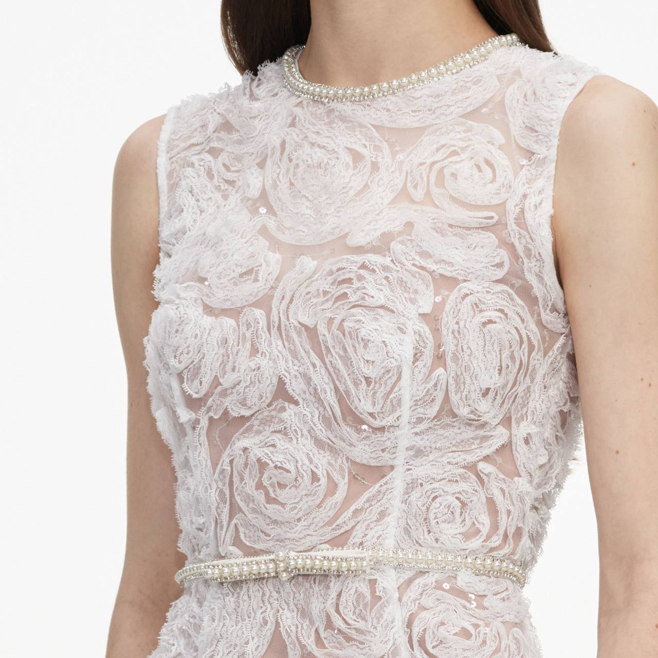 SP White Tulle Lace Belted Midi Dress