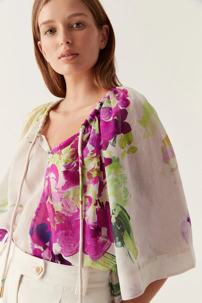 AJ Bridget Bell Sleeve Blouse in Wild Hydrangea Linen-Blend