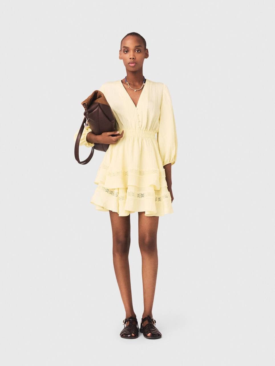 MJ Rapapamy Yellow Short V-Neck Ruffled Mini Dress
