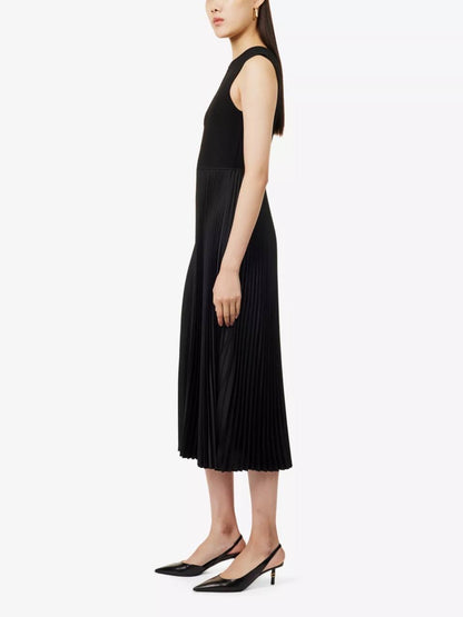 TH Combo Satin Pleated Midi Dress in Black