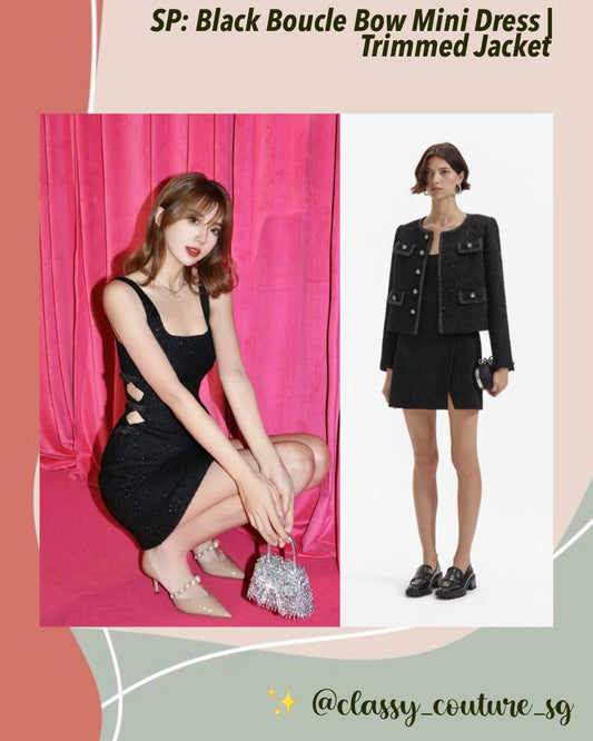 SP Black Boucle Bow Mini Dress | Boucle Trimmed Jacket | Set